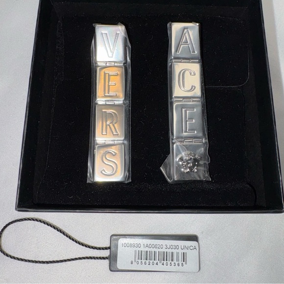 Versace x Dua Lipa Logo Letter Drop Earrings Silver Blocks Medusa NIB $925retail - Picture 5 of 8